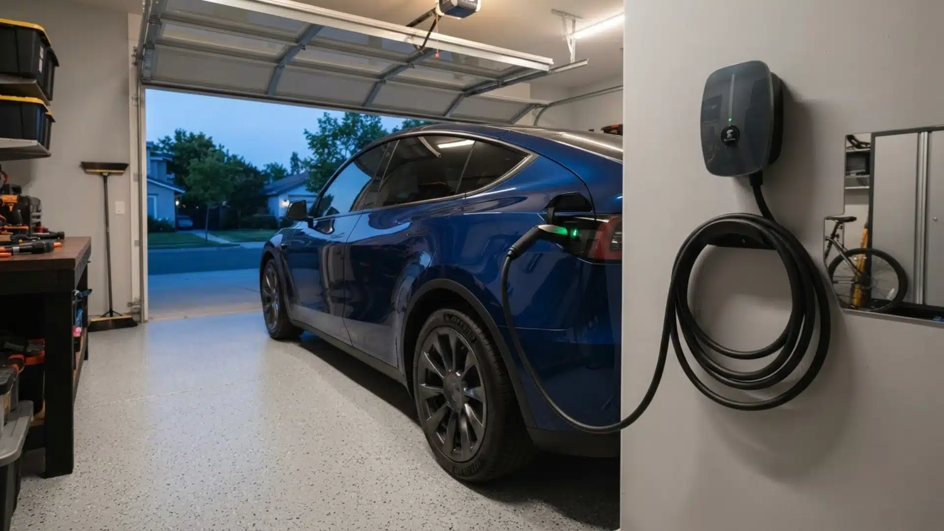 Electric car plugged into a home Level 2 wall charger in a garage
