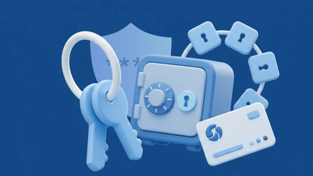 blue security illustration showing a key vault shield password card and lock icons representing secure digital banking and data protection
