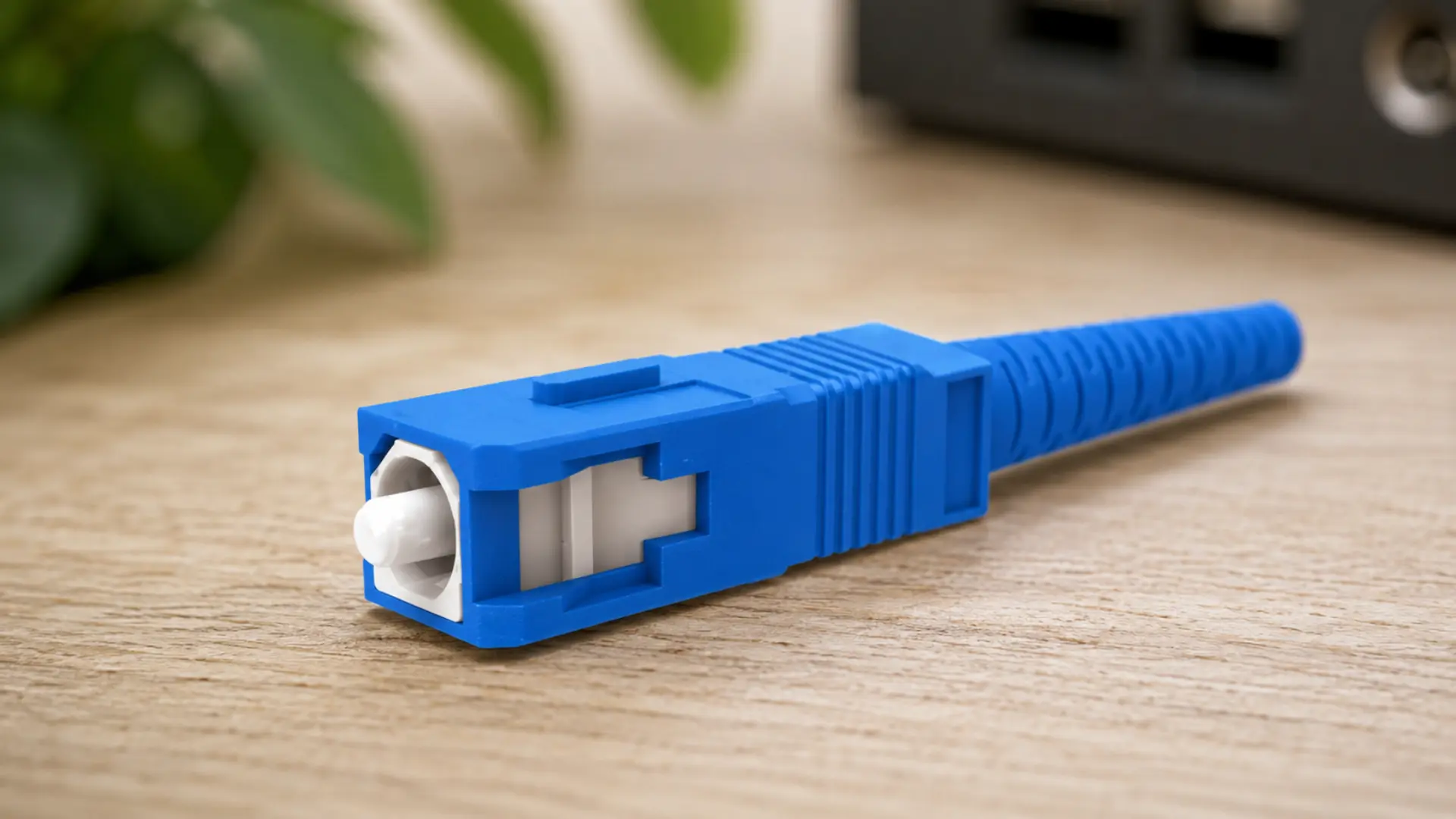 Blue SC fiber optic connector on a wooden desk with blurred network equipment behind it
