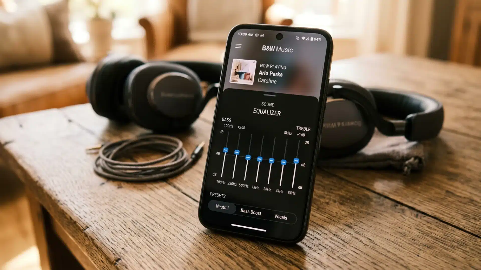 Bowers & Wilkins Music app showing equalizer settings beside headphones