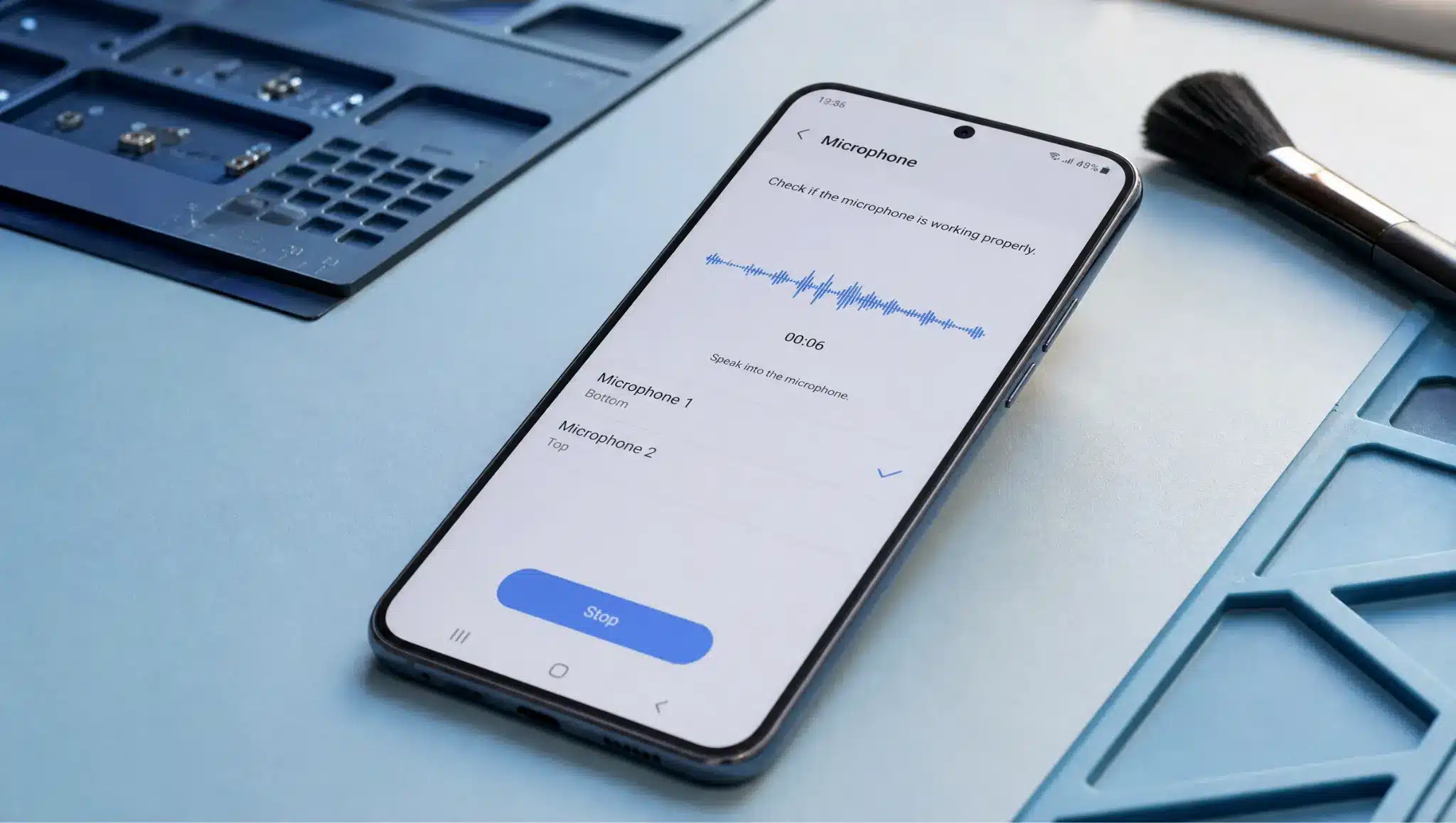 built in phone diagnostic screen testing microphone function on a realistic android device