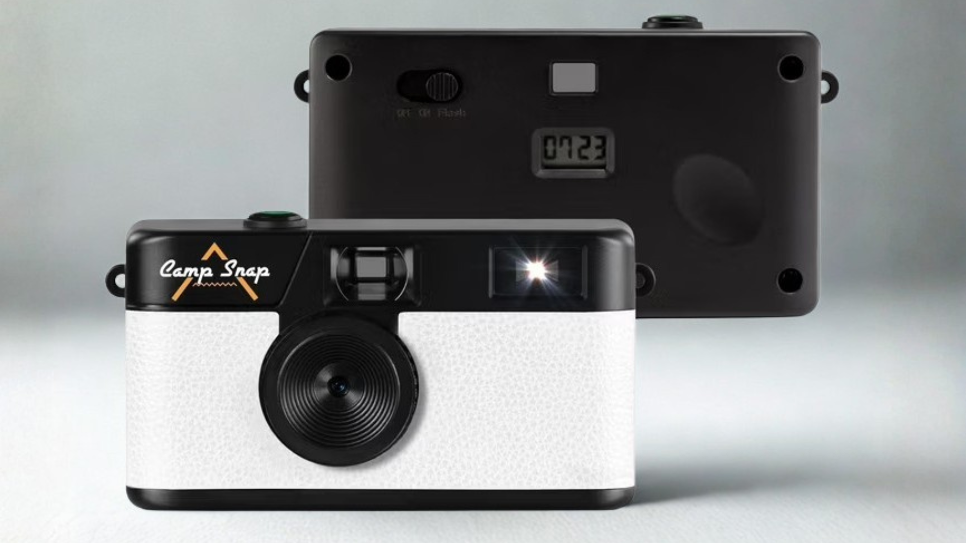 camp snap screen free digital camera showing front and back design with compact retro body style
