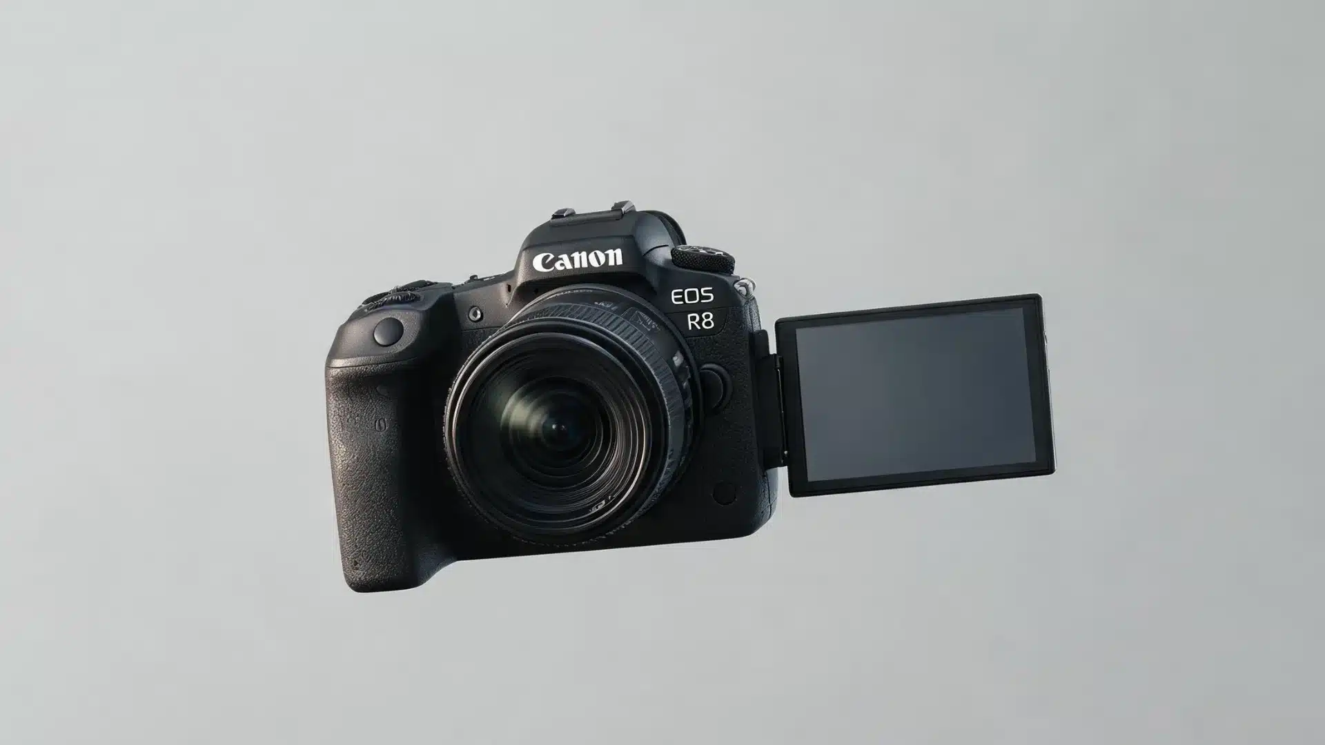 Canon EOS R8 vari-angle touchscreen flipped out for video shooting