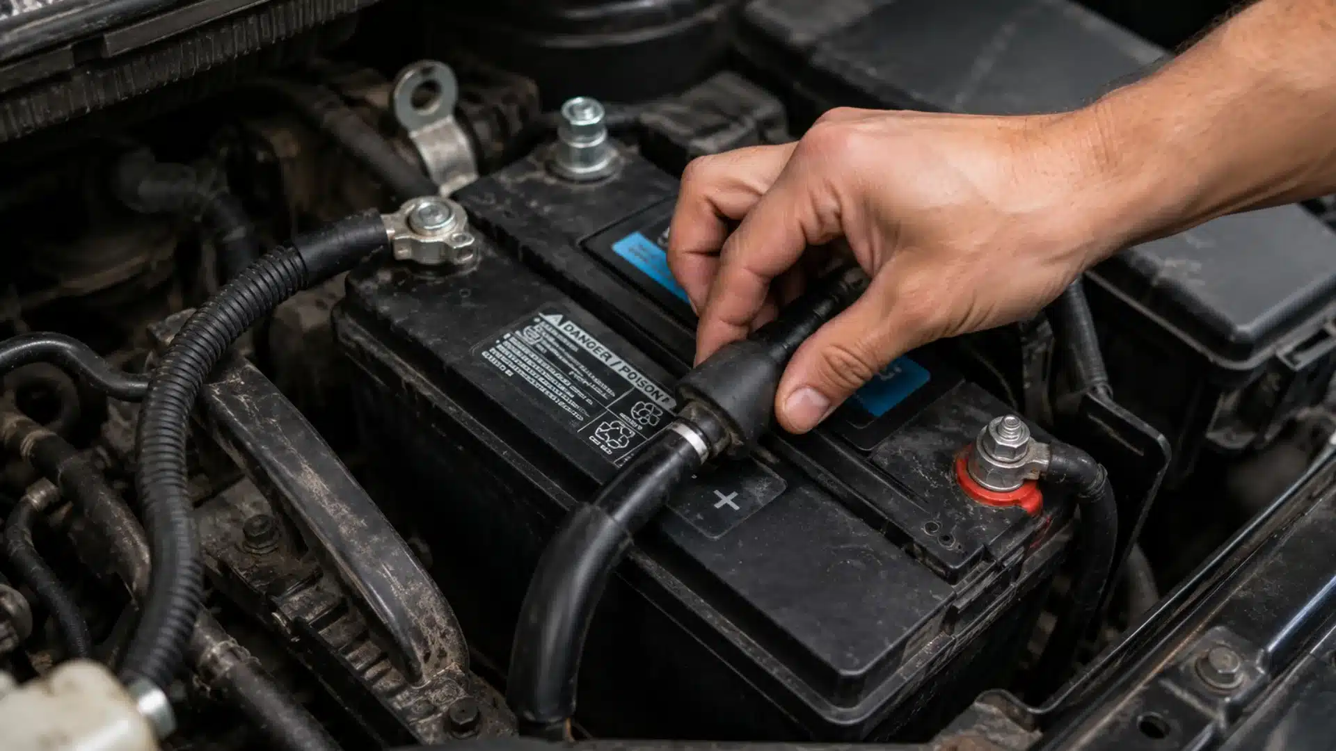 Car engine bay with battery repair work