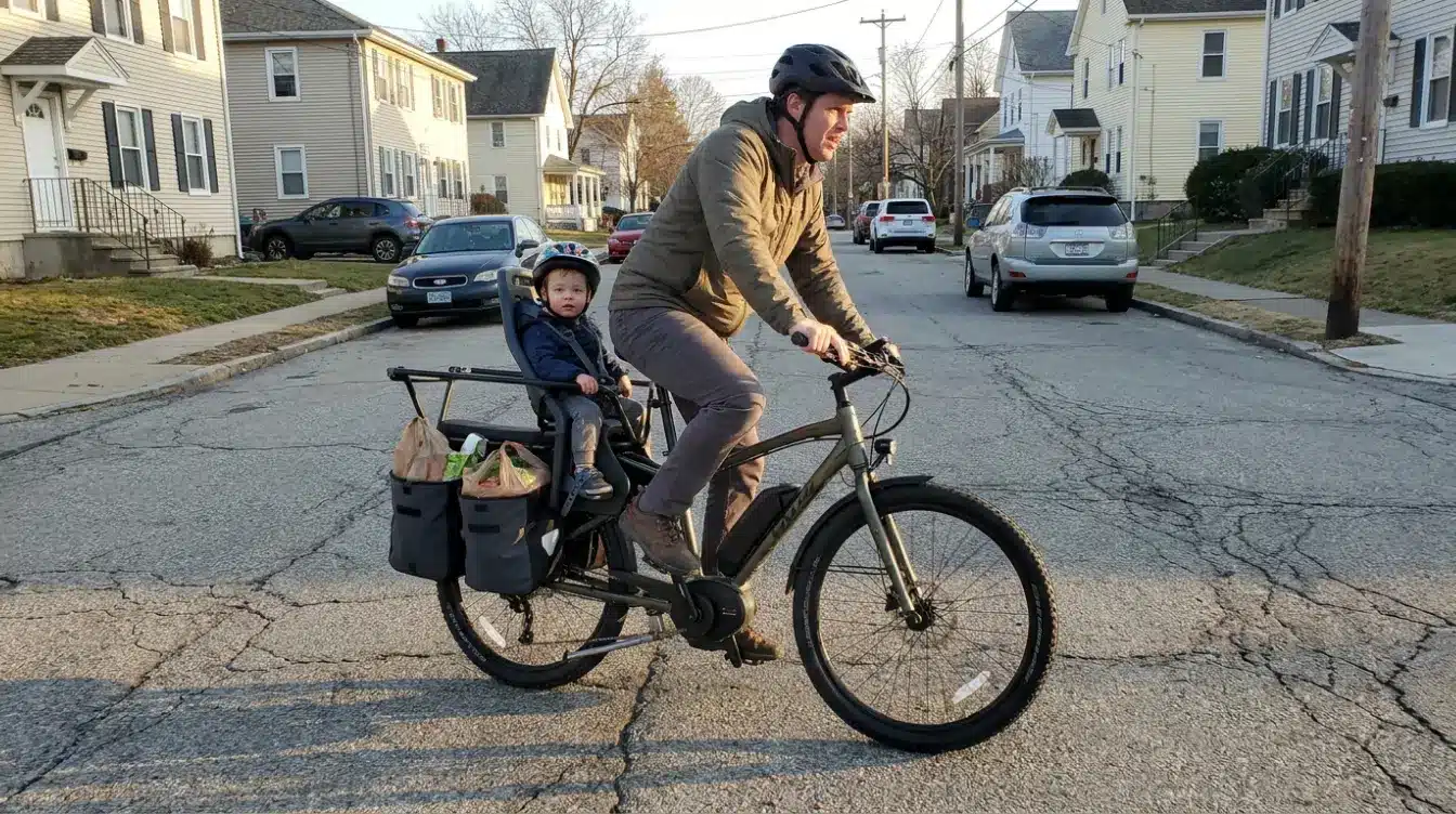cargo electric bike carrying balanced grocery bags and a child seat on a gradual city hill