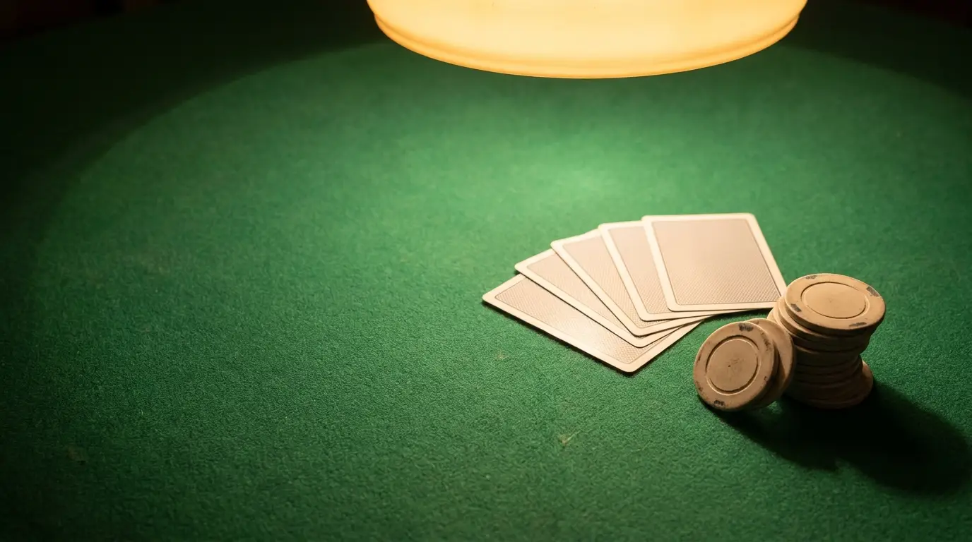 Playing cards and poker chips on green felt under warm overhead light