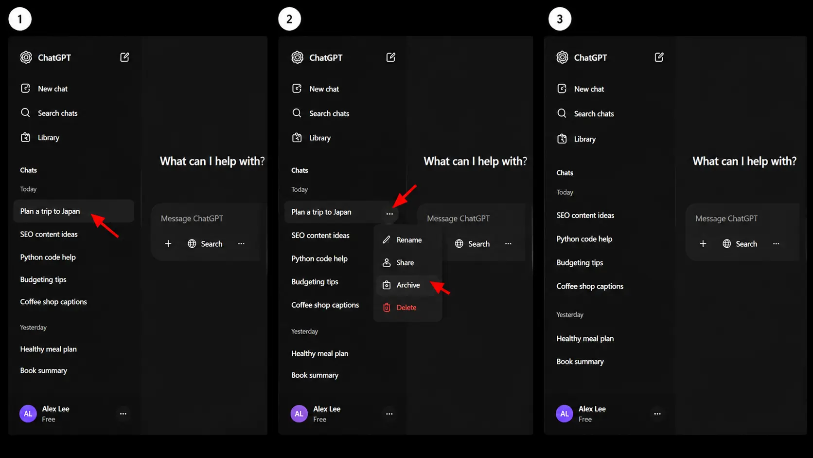 chatgpt desktop interface showing steps to archive a chat and remove it from the sidebar