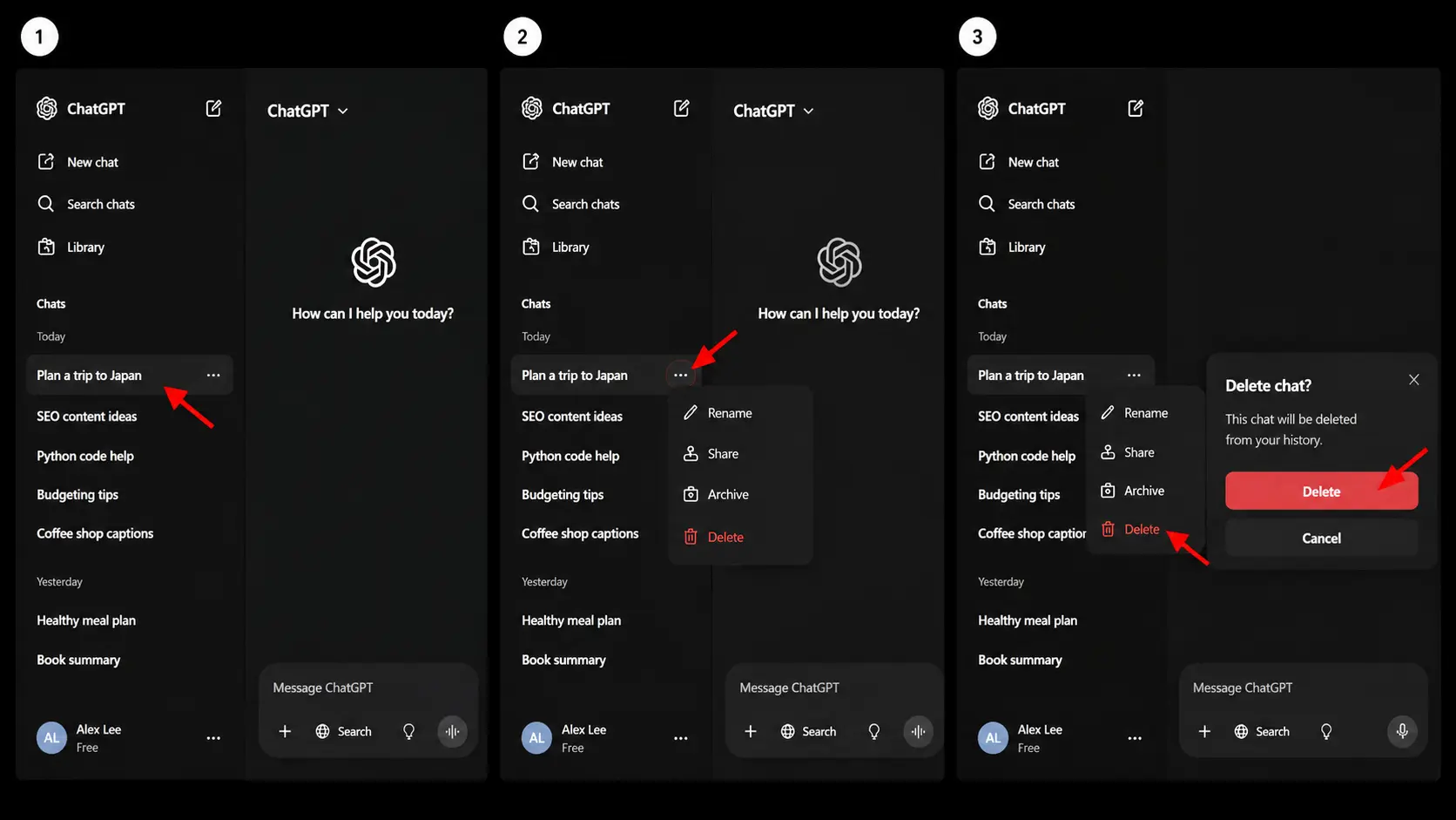 chatgpt desktop interface showing steps to select delete and remove a single chat conversation