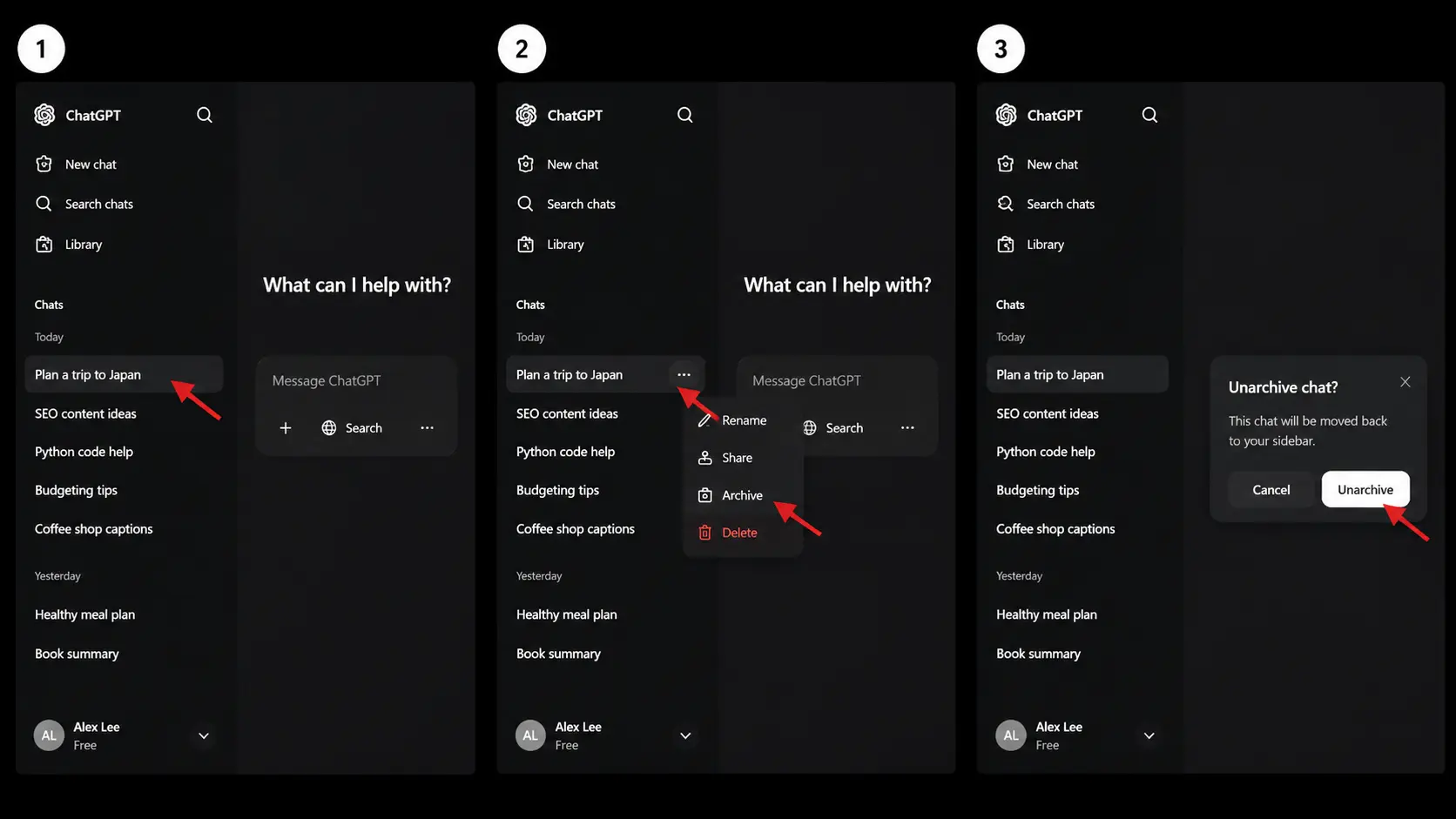 chatgpt desktop settings showing steps to restore archived chats using manage and unarchive options