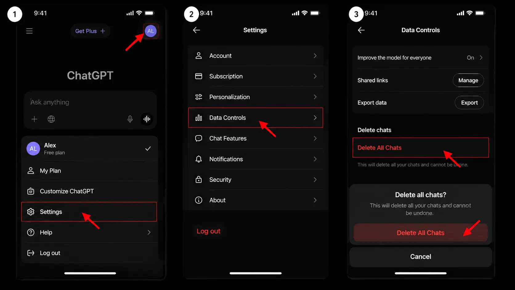 chatgpt mobile app showing settings data controls and delete all chats steps with arrows (1)