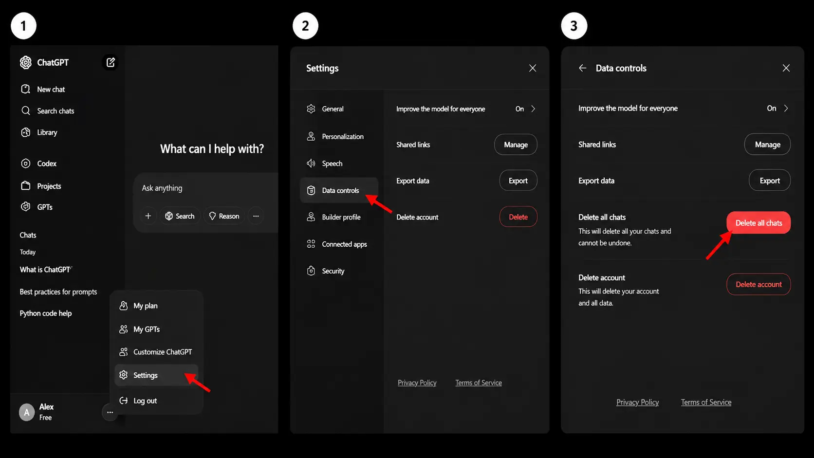 chatgpt settings data controls and delete all chats options shown in step screenshots