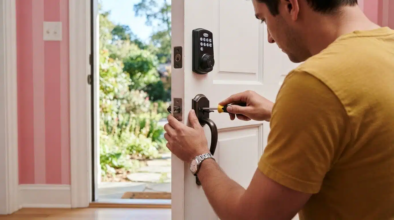 close-up of reinforced door lock hardware being installed for home security