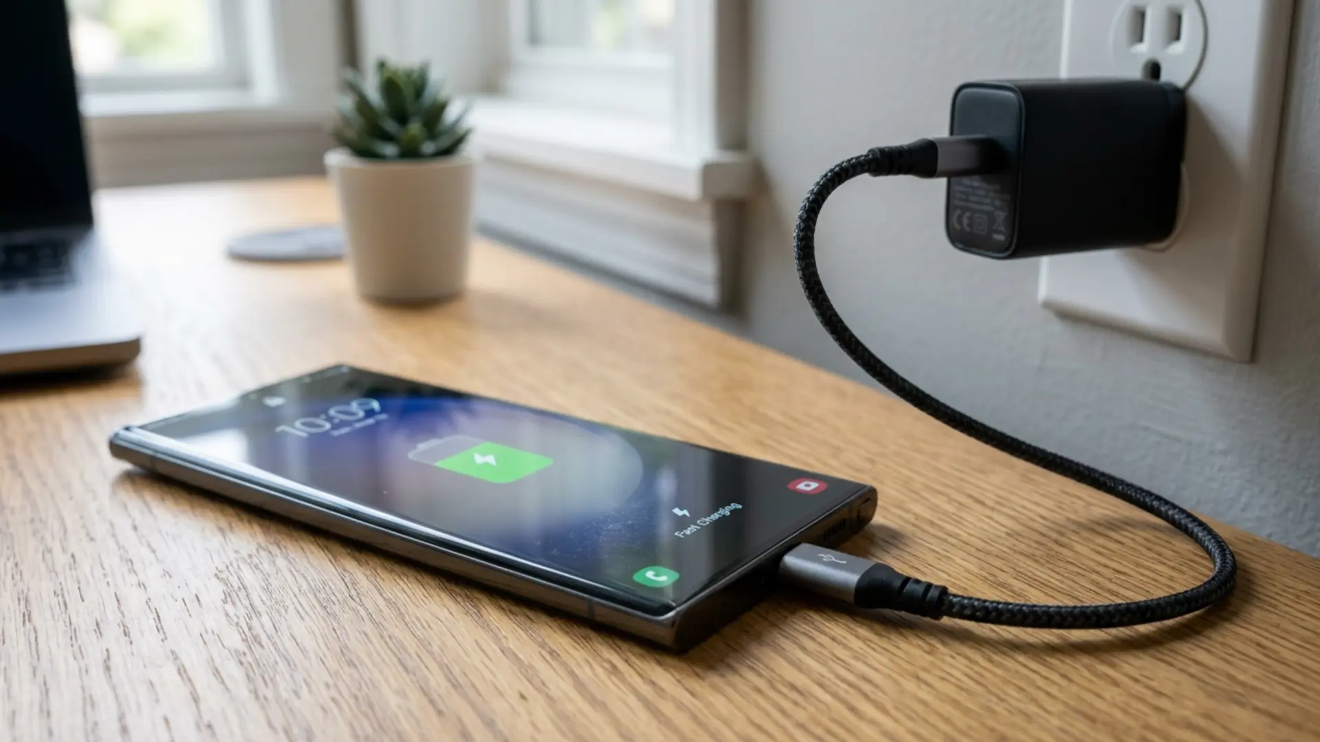 Close-up of a phone fast charging with a USB-C wall charger