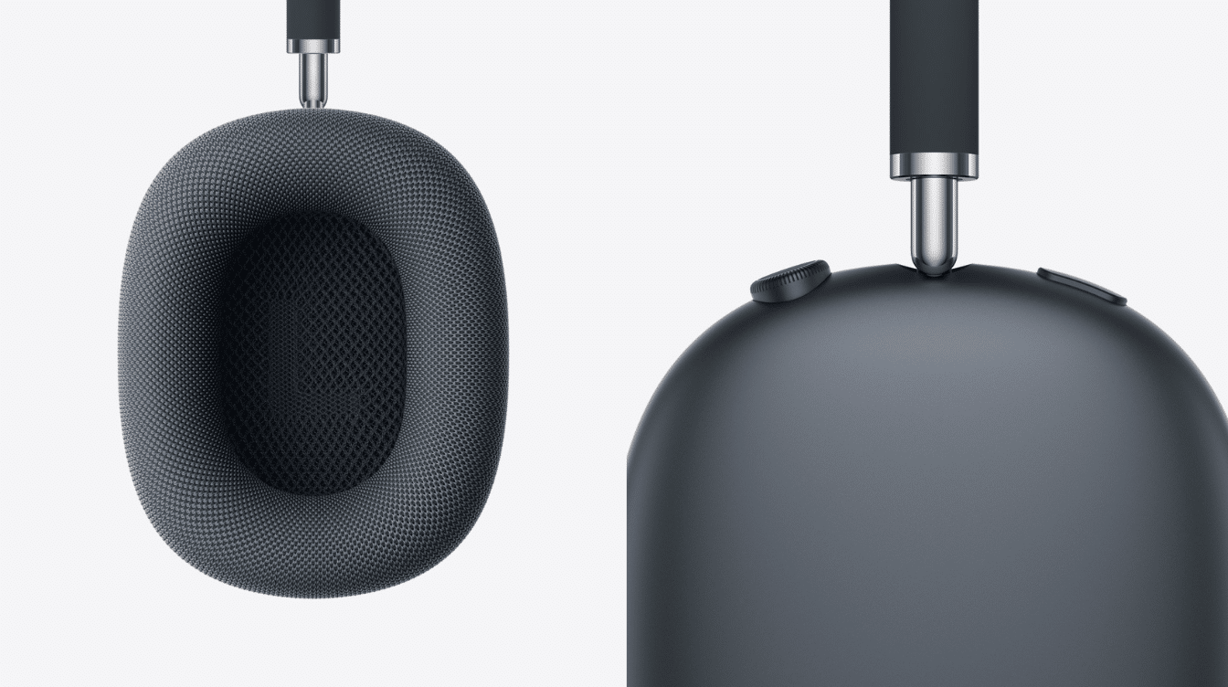 close up view of airpods max ear cushions and aluminum ear cups showing premium over ear headphone design