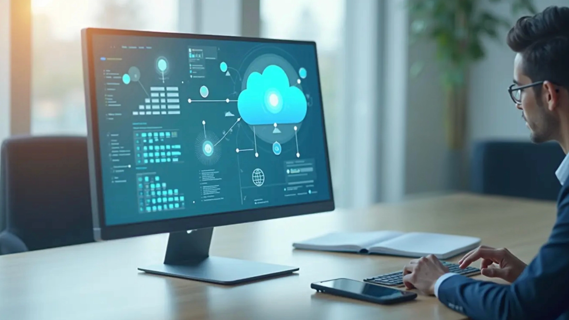 cloud software integration concept displayed on monitors with developer working at a modern office desk setup