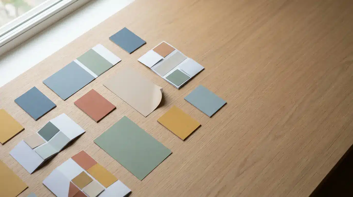 Color swatches arranged on light wooden table in natural sunlight
