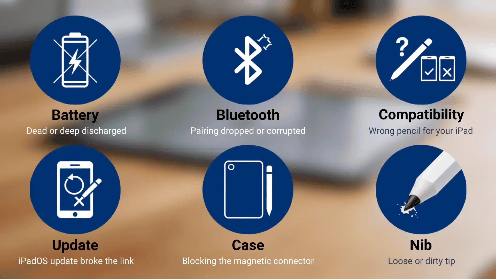 Common Apple Pencil connection issues including battery, Bluetooth, compatibility, update, case, and nib