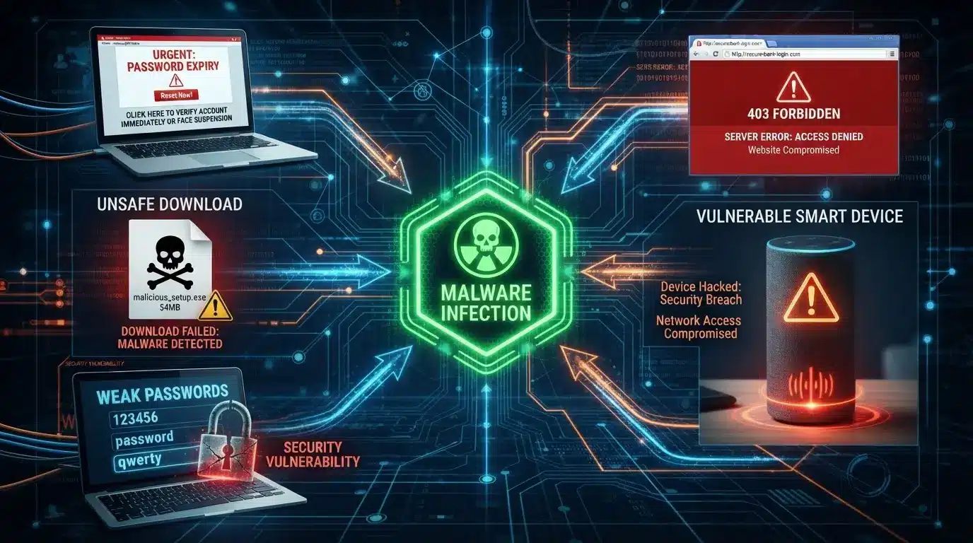 common ways malware infects devices through phishing downloads weak passwords and unsafe websites
