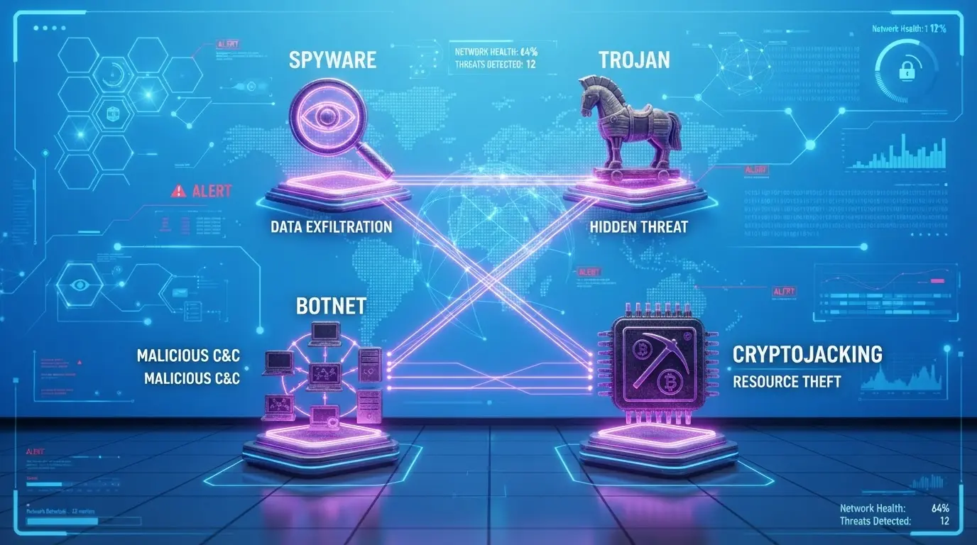 comparison between botnets malware viruses and trojans showing different cybersecurity threats clearly