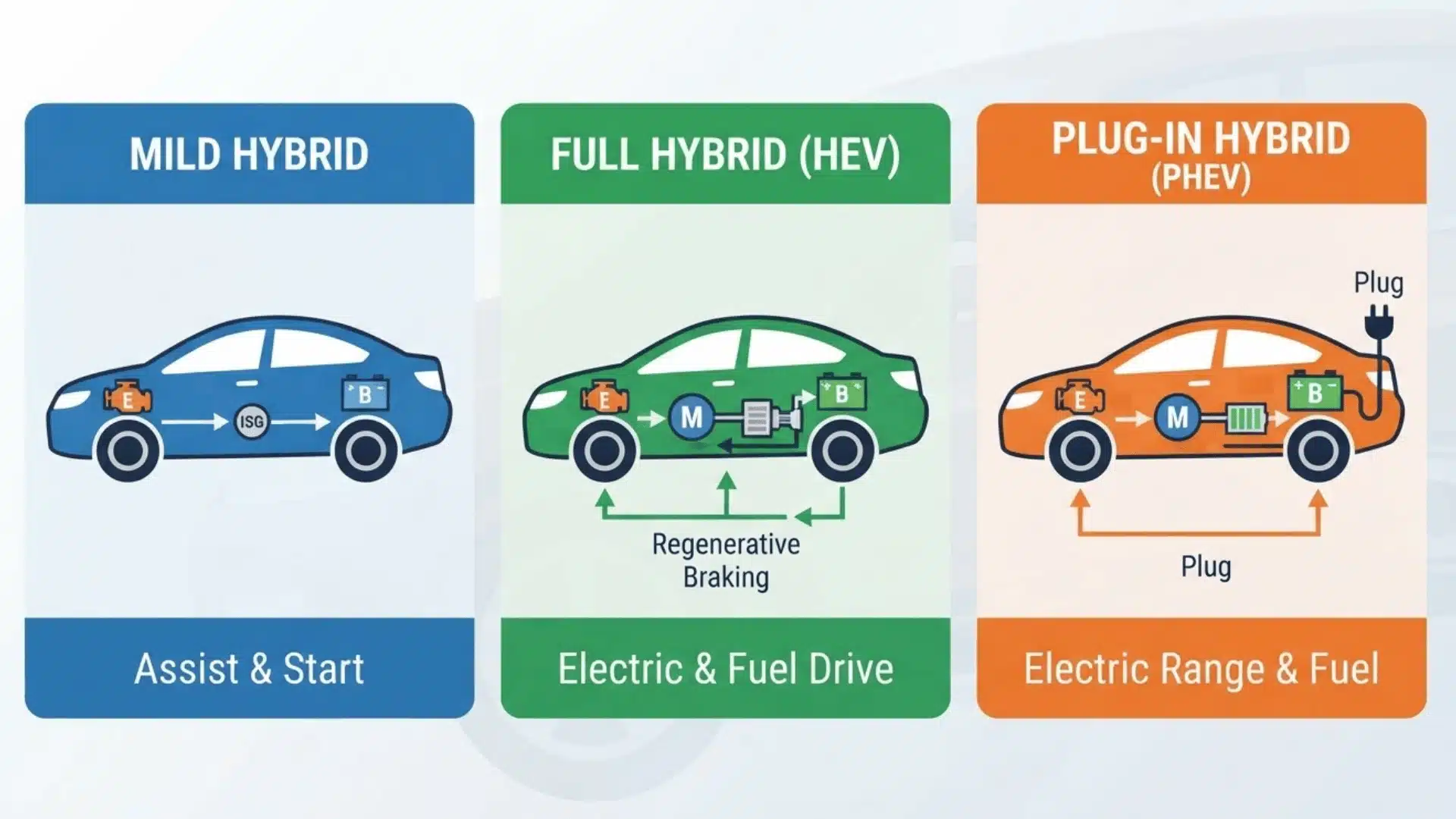 Comparison of full hybrid, mild hybrid, and plug-in hybrid car types