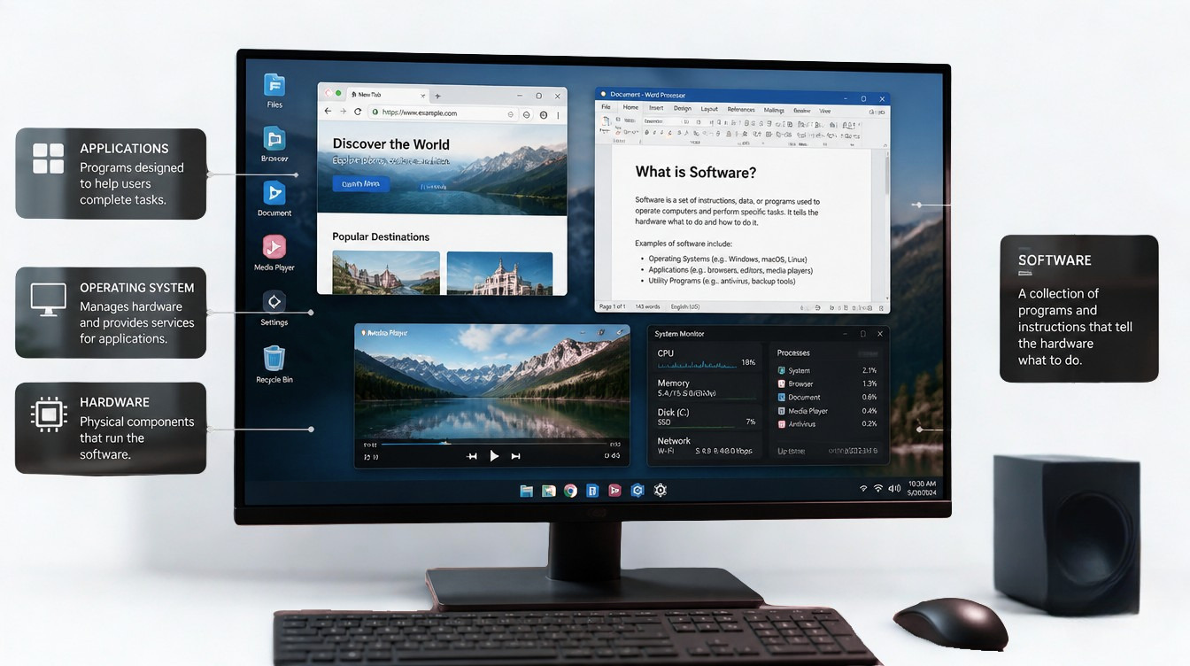 computer screen displaying software applications and digital programs used on modern devices