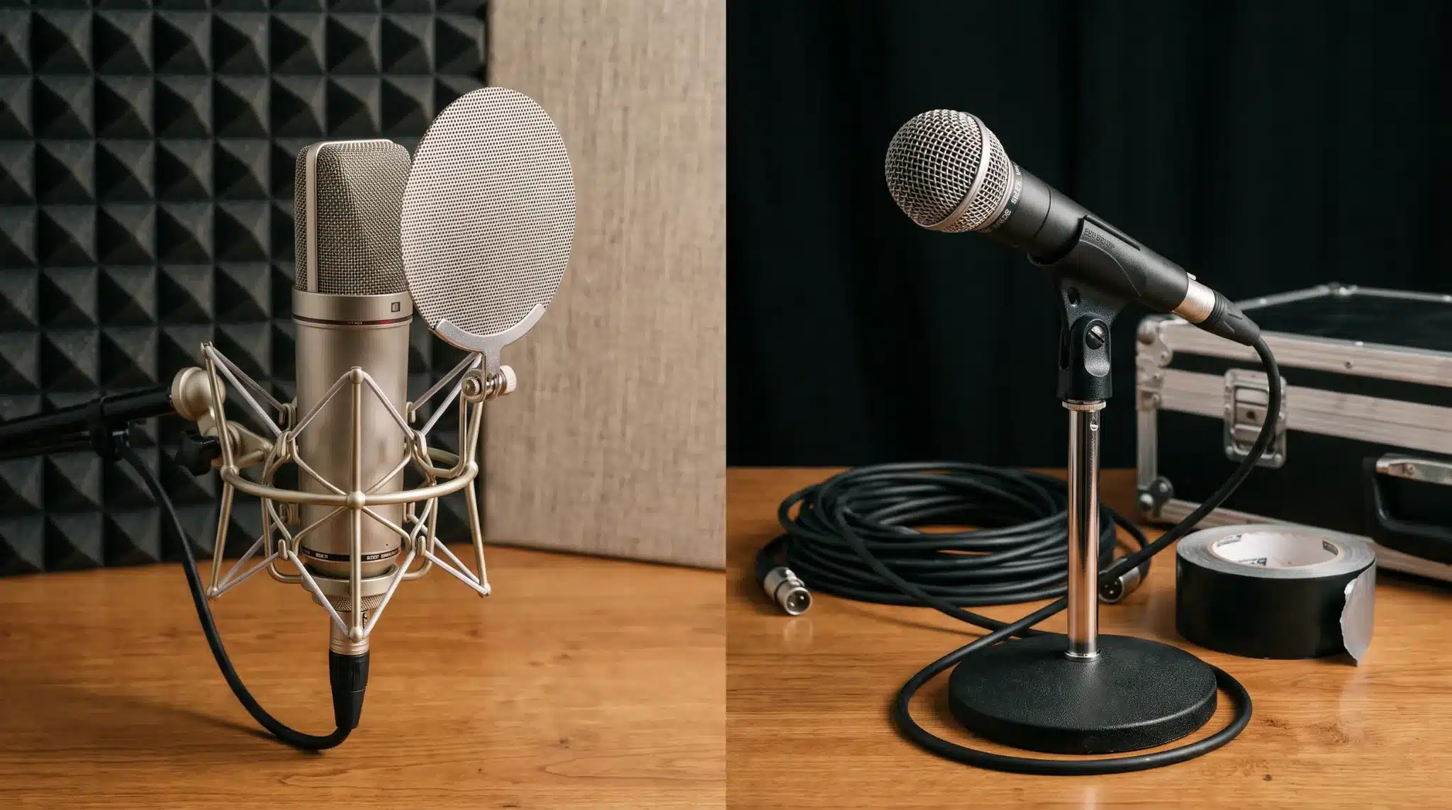 condenser microphone beside moving coil mic showing different choices for recording and live use