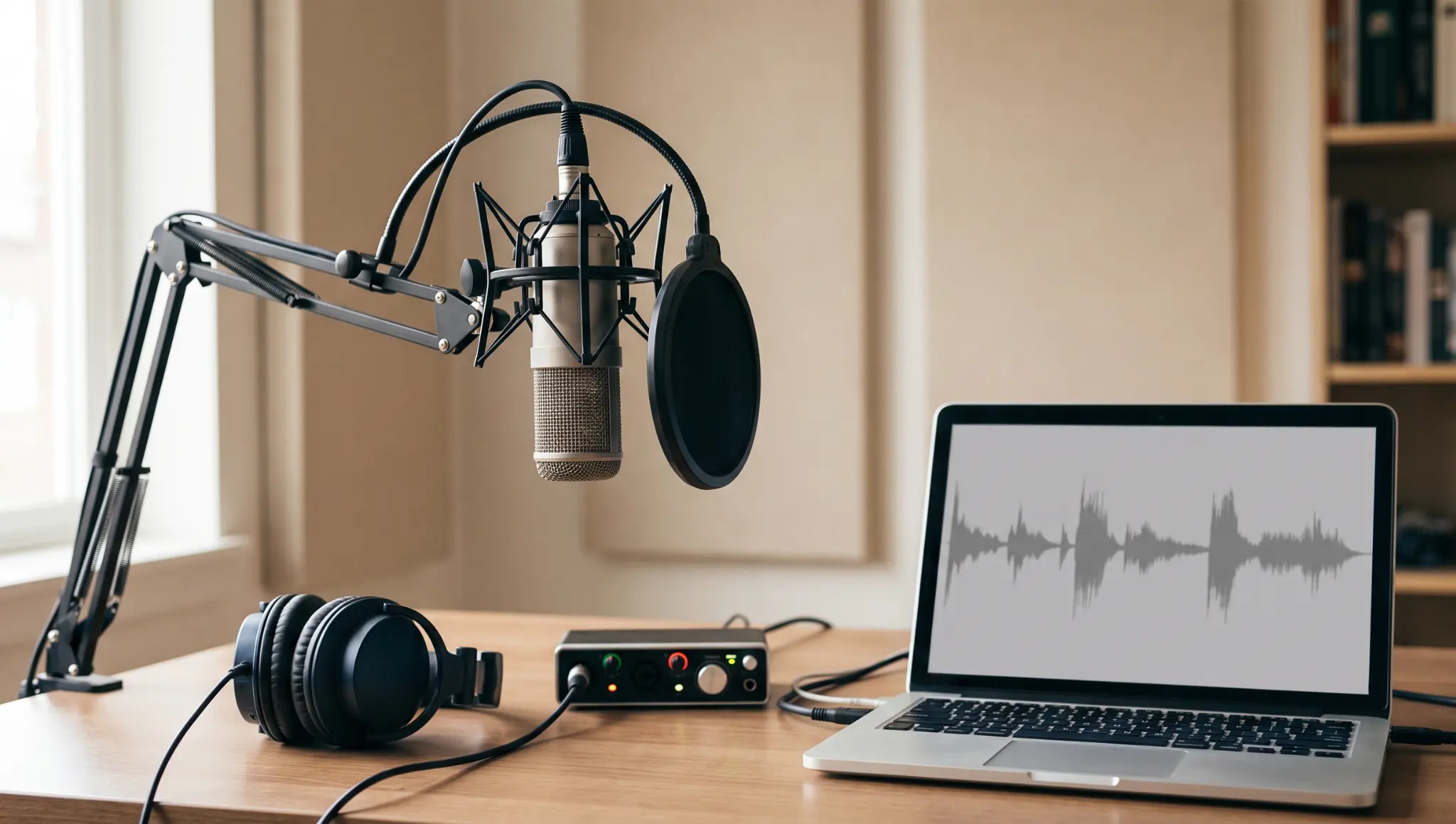 condenser microphone on a clean home recording desk with headphones laptop and audio interface