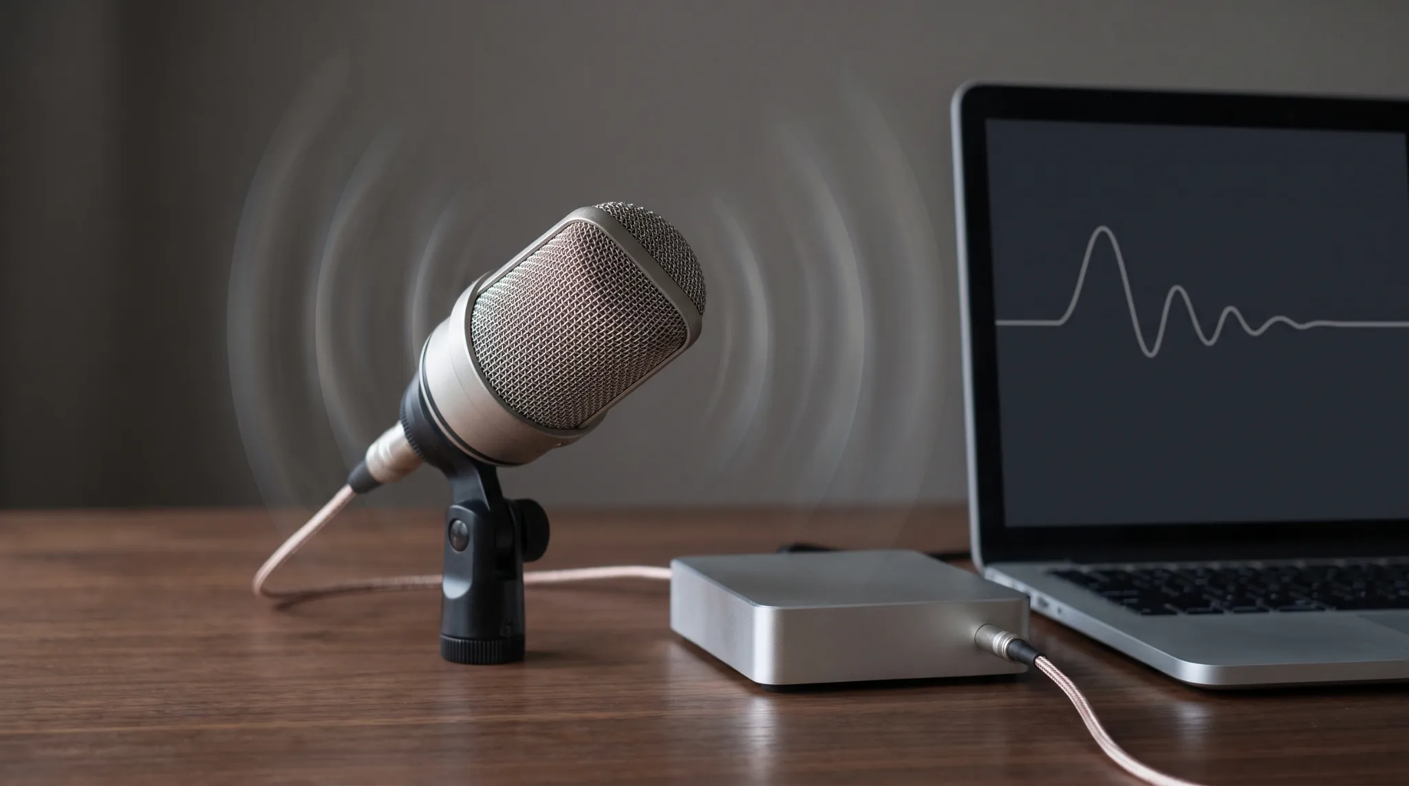 condenser microphone receiving sound waves and sending audio signal through cable to recording gea