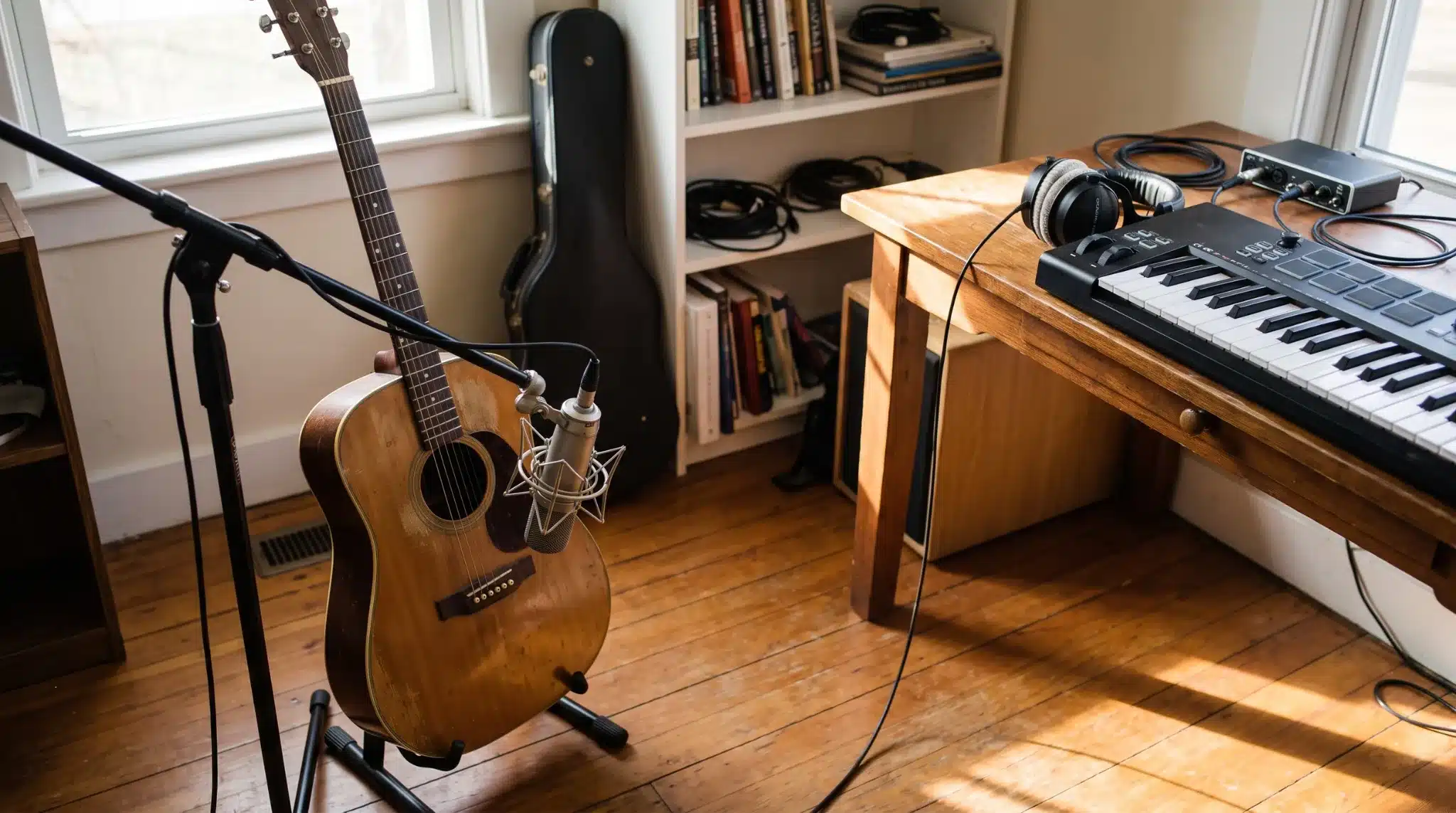 condenser microphone recording acoustic guitar with piano keys and string instrument nearby