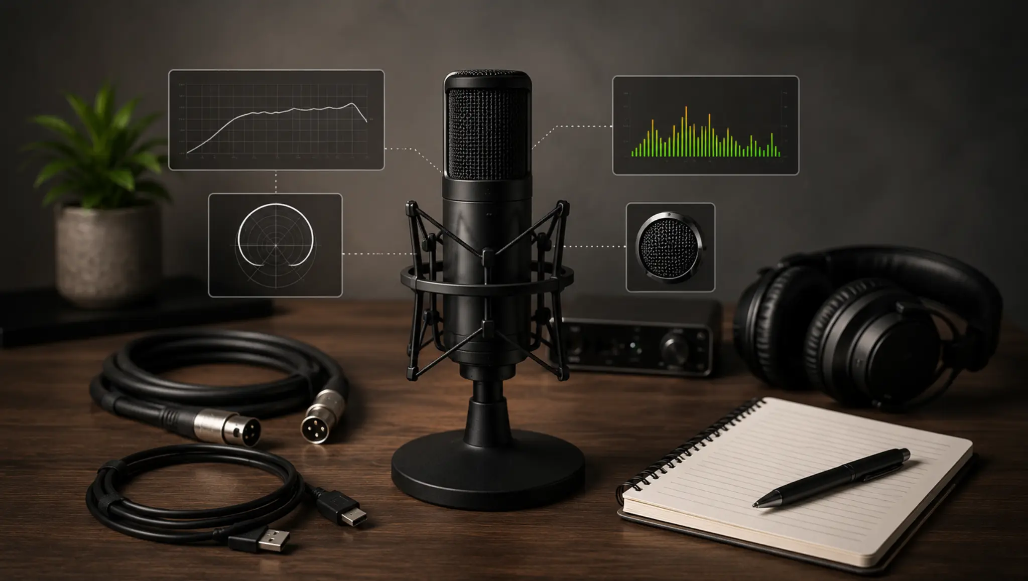 condenser microphone with cables headphones and blank audio meter showing specs to check before buying