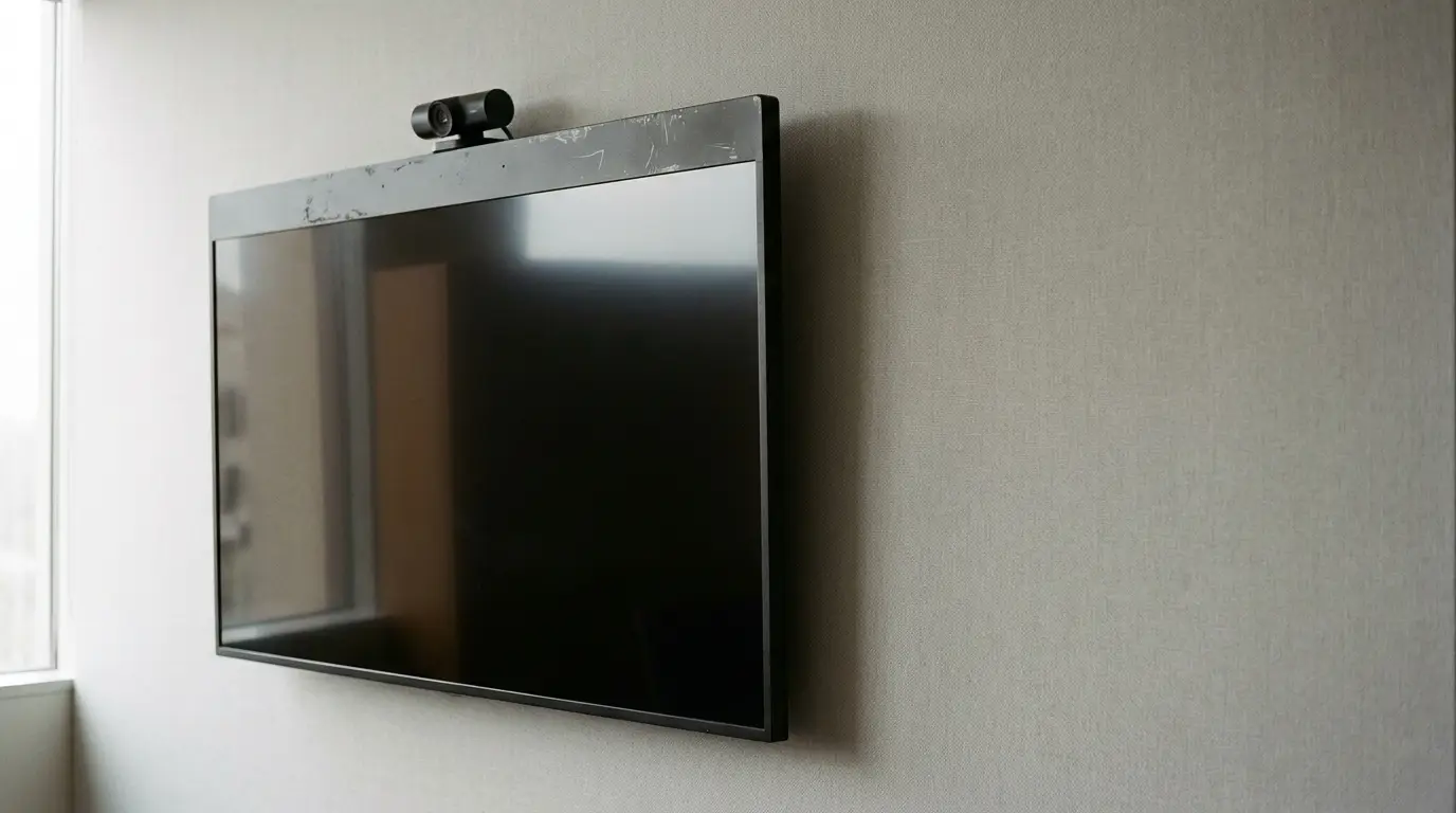 Wall-mounted flat-screen television with webcam in bright office setting