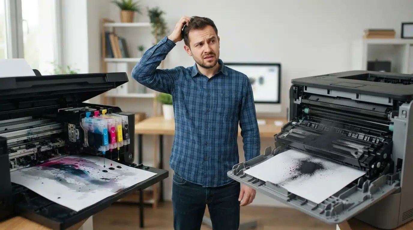 confused person comparing ink cartridges and toner powder inside two different printers setup
