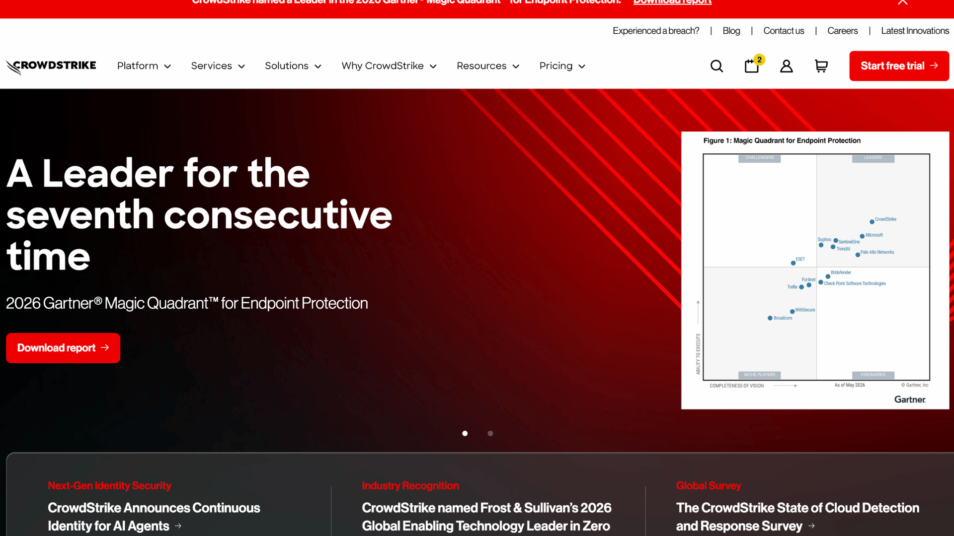 crowdstrike homepage highlighting endpoint protection leadership with a gartner report download and cybersecurity platform menu