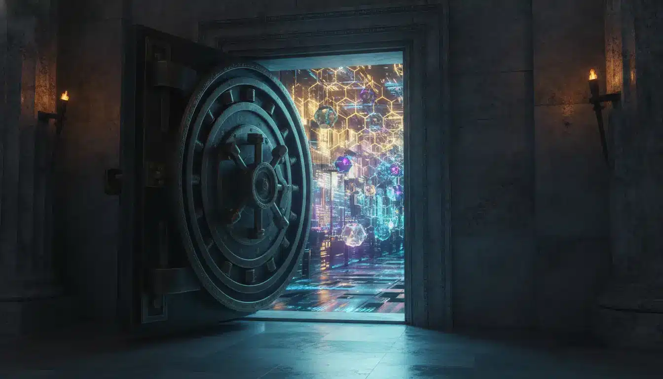 Vault door opening to a futuristic digital world with vibrant neon lights and hexagonal patterns