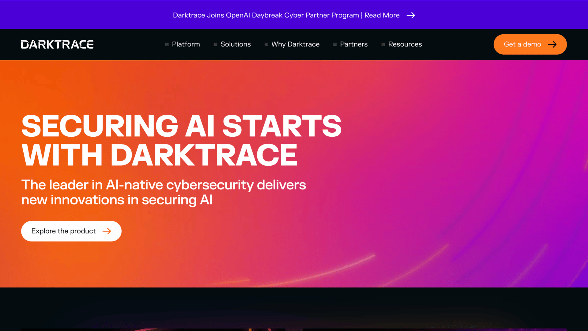 darktrace homepage promoting ai cybersecurity solutions with a bright gradient banner and product exploration button