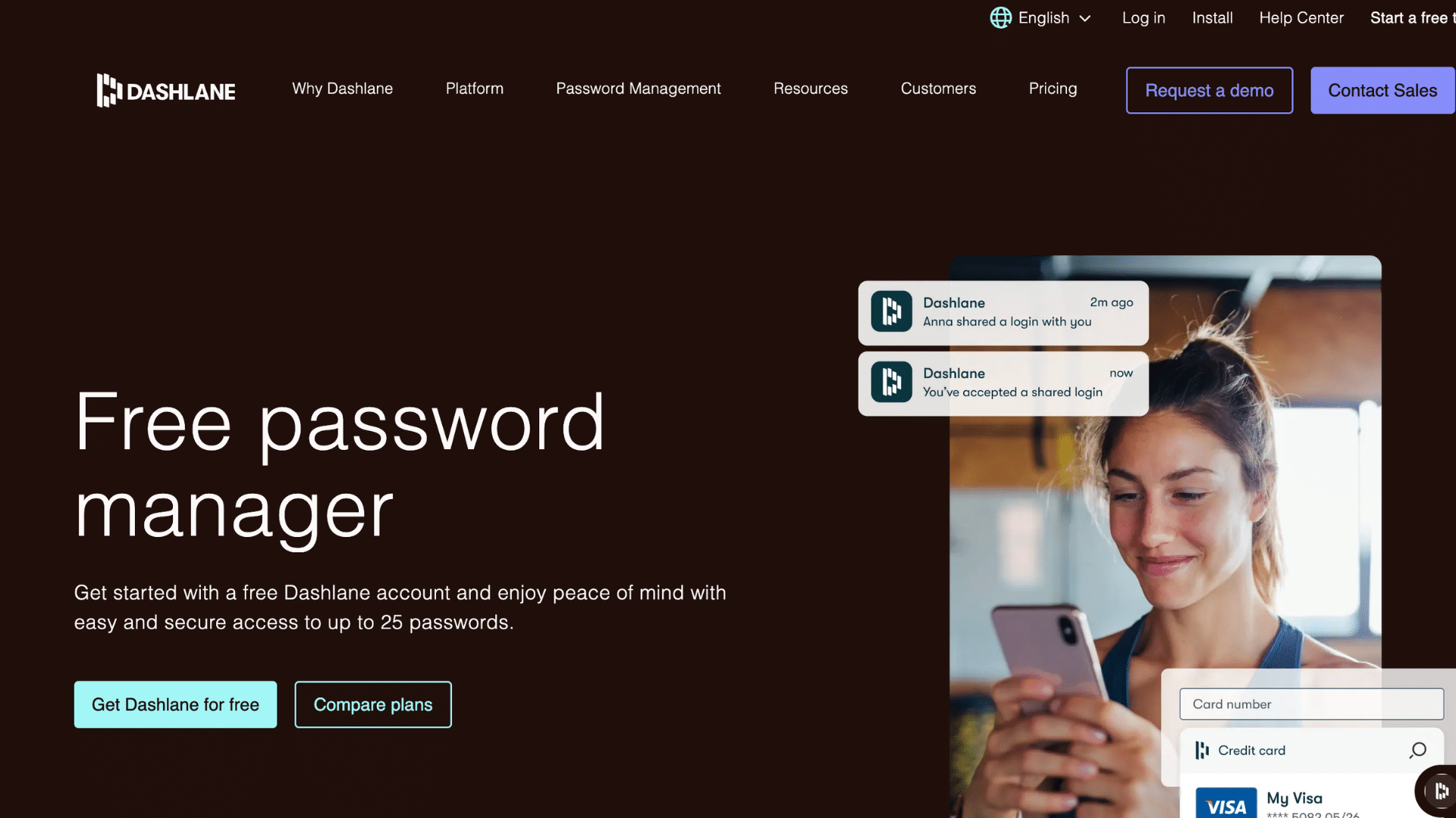 dashlane homepage promoting free password manager with secure password sharing mobile access and account signup options