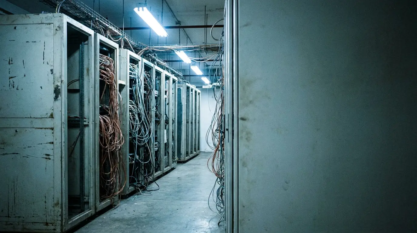 Server room with exposed cables and fluorescent lighting in industrial setting