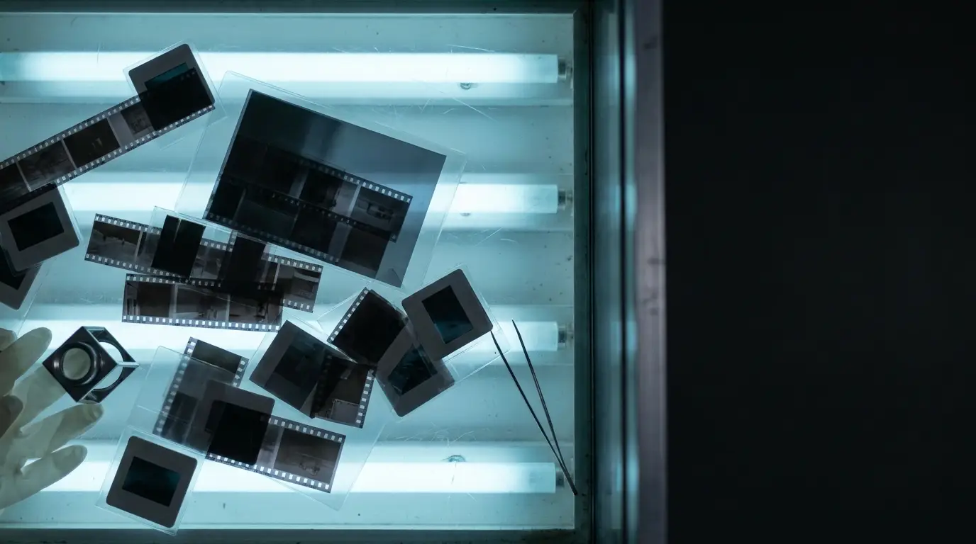 Film negatives scattered on illuminated lightbox alongside white-gloved hand and magnifying tool