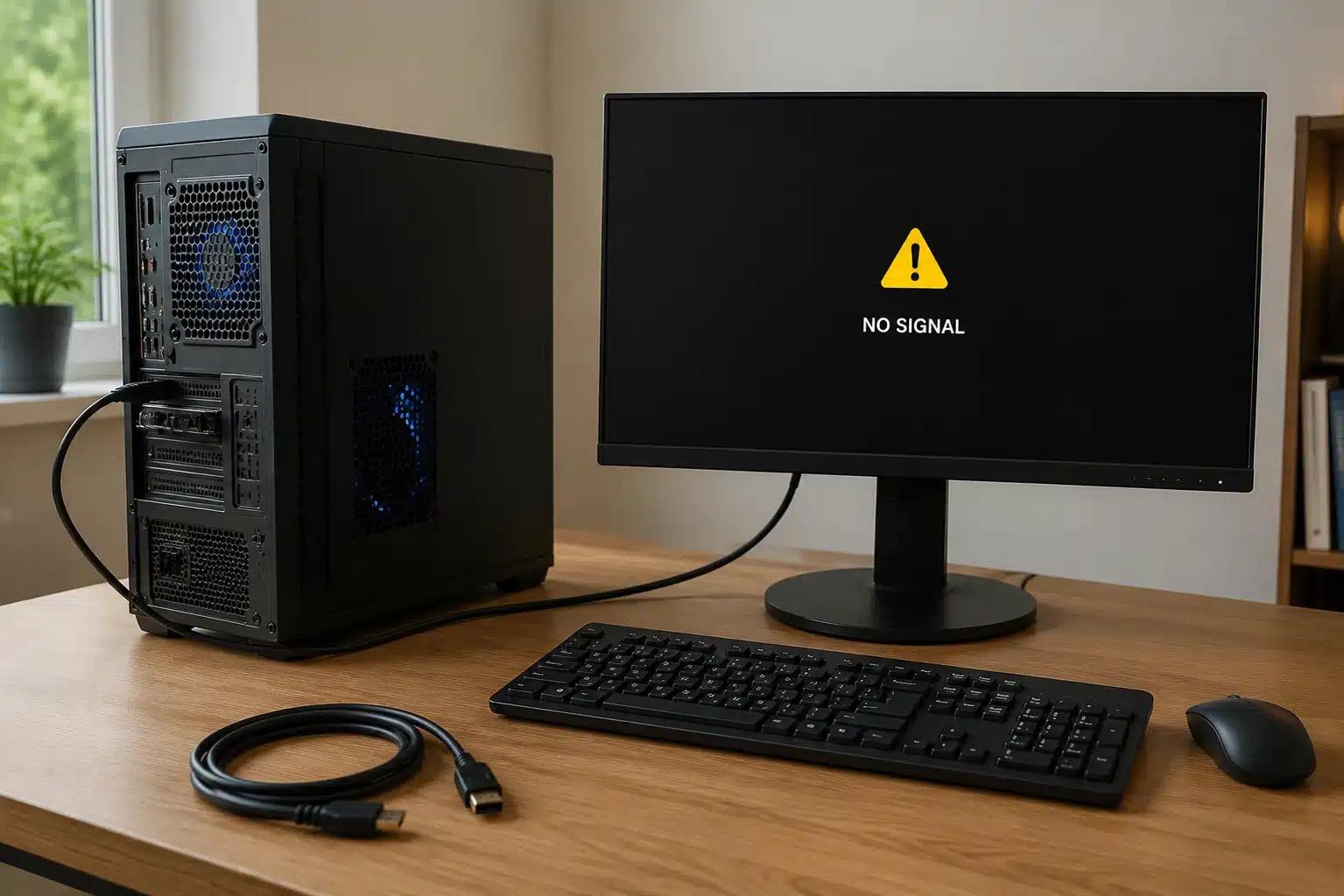 desktop pc setup with no signal warning on monitor and troubleshooting items on the desk