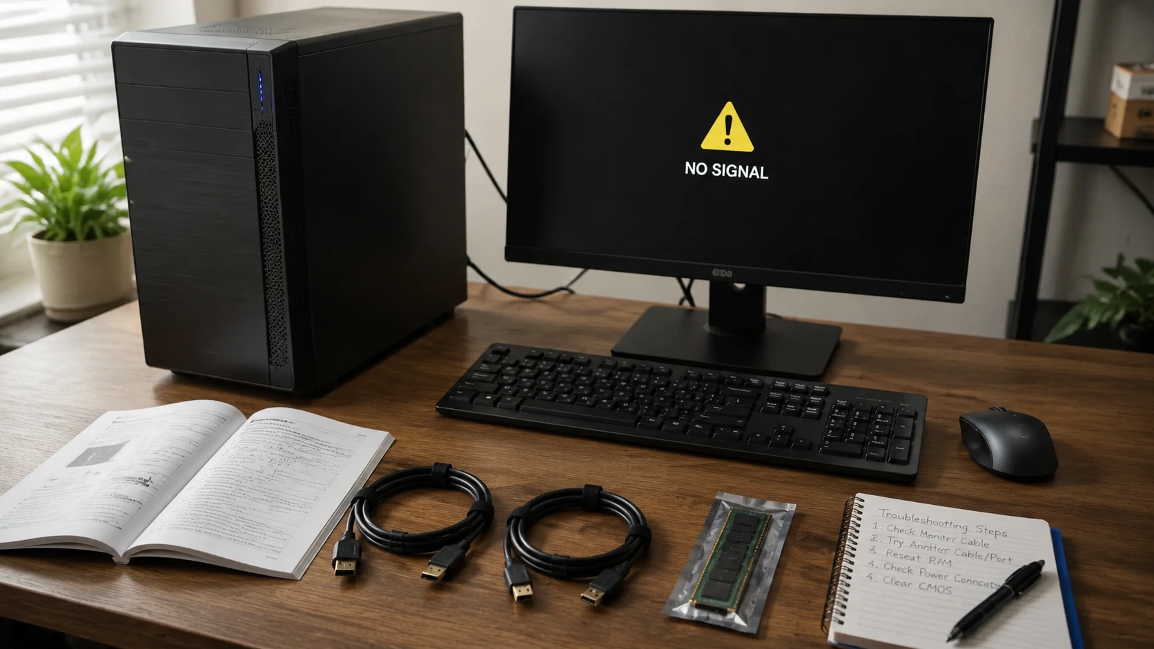 desktop pc showing no signal with cables ram stick notebook keyboard and mouse on desk