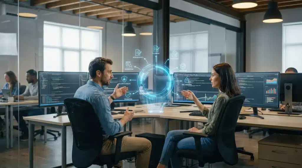 developers and qa testers working together on software testing workflow in an office (1)