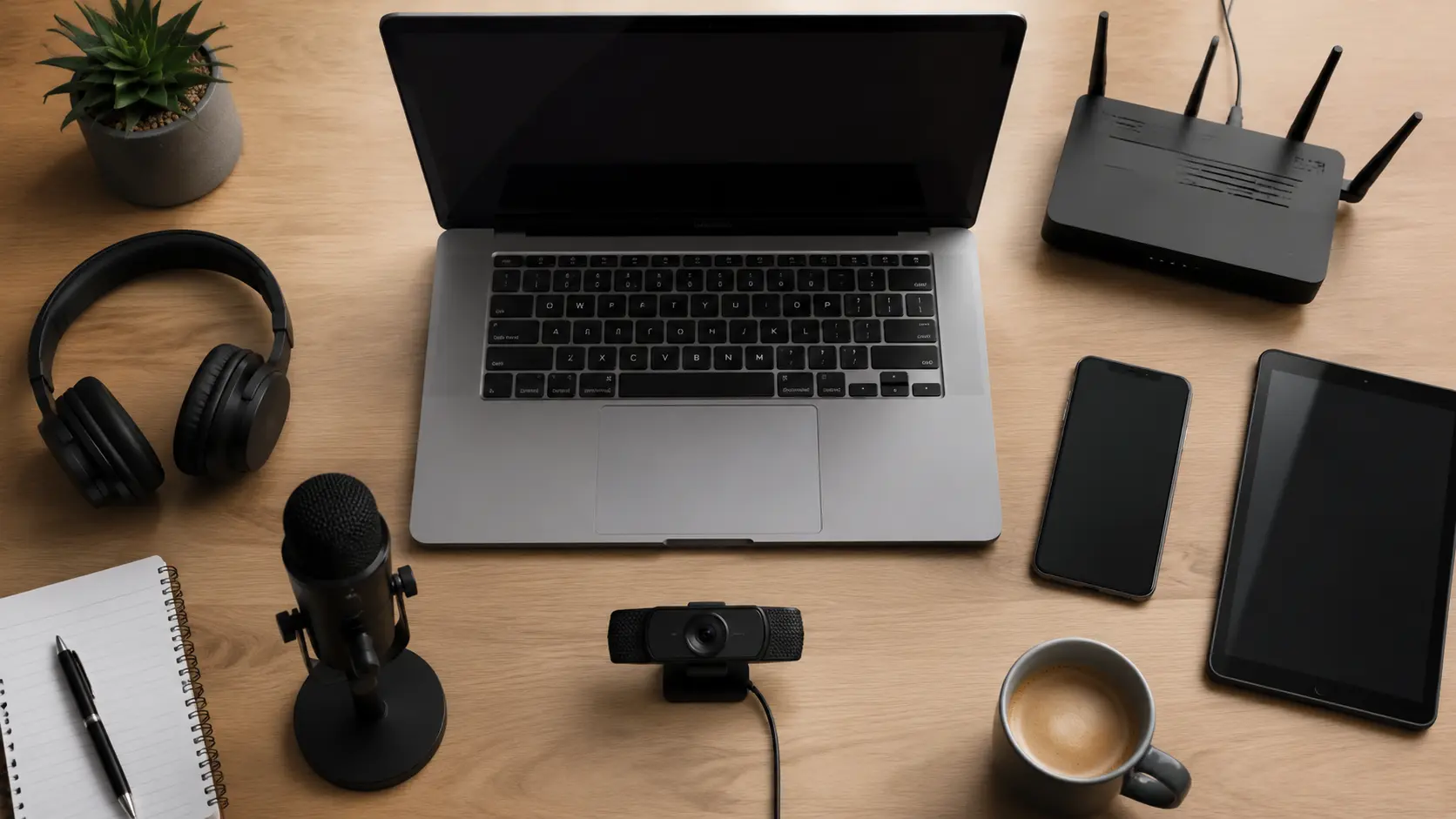 devices and accessories prepared for joining zoom meeting with laptop phone headphones and webcam