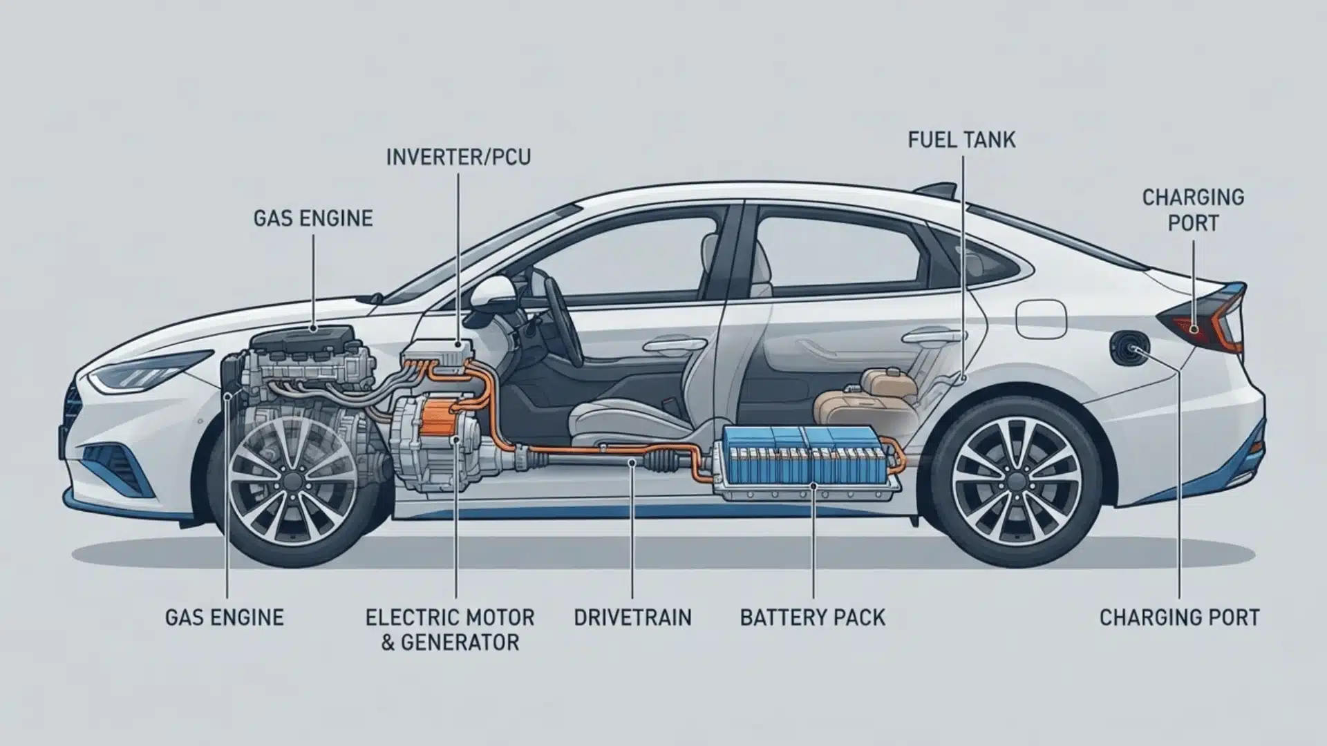 Diagram showing how a hybrid car works with engine, motor, and battery