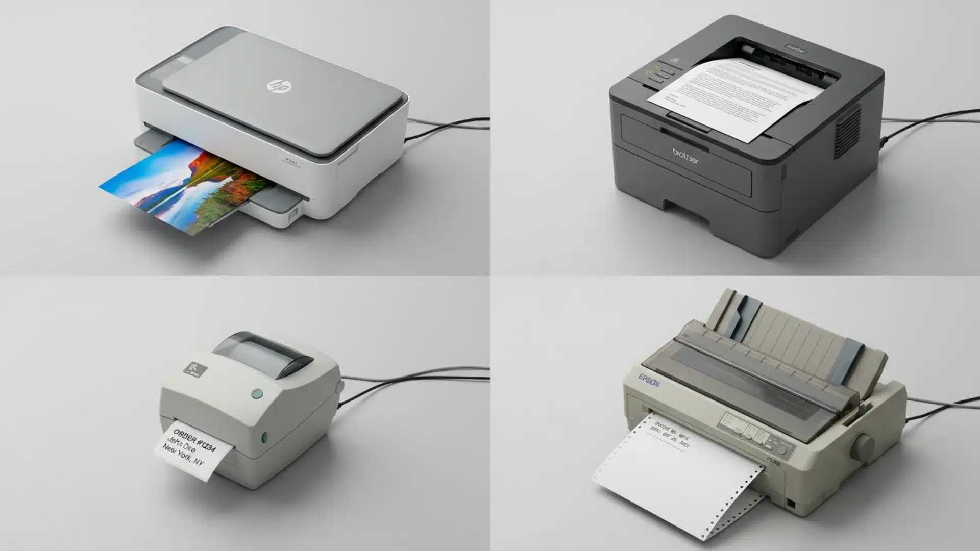Different printer technologies shown side by side with printed output examples