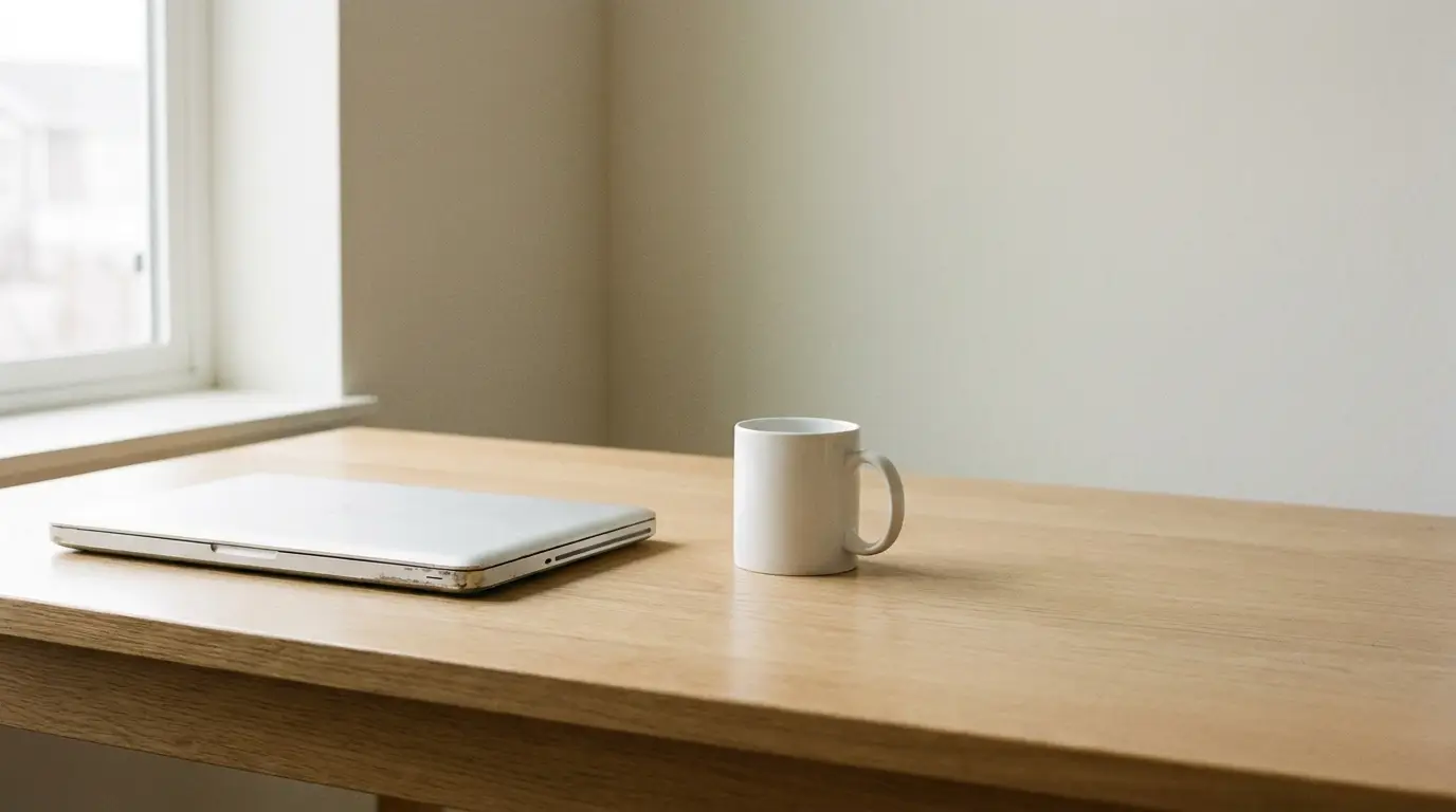 Tablet and white mug on wooden desk by window in soft natural light