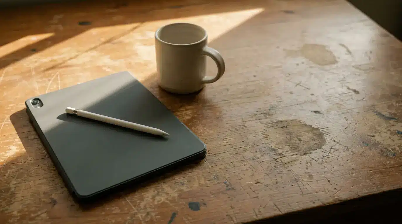 Tablet with stylus and ceramic mug on wooden table in natural light