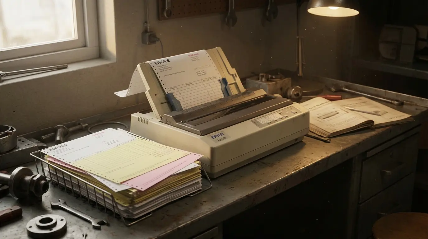 dot matrix printer printing multi copy invoices using carbon paper on industrial office desk
