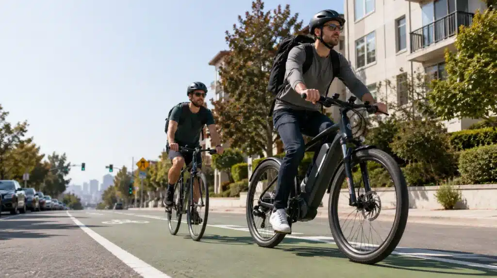electric bike commuter and regular cyclist riding together on a city road to compare real world speed