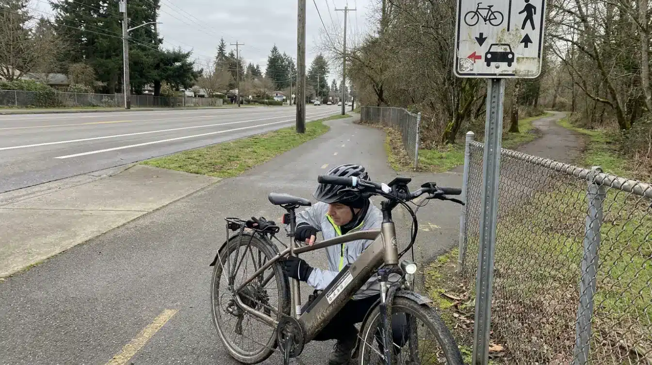 electric bike rider checking a frame class label beside a public bike path entrance in the united states