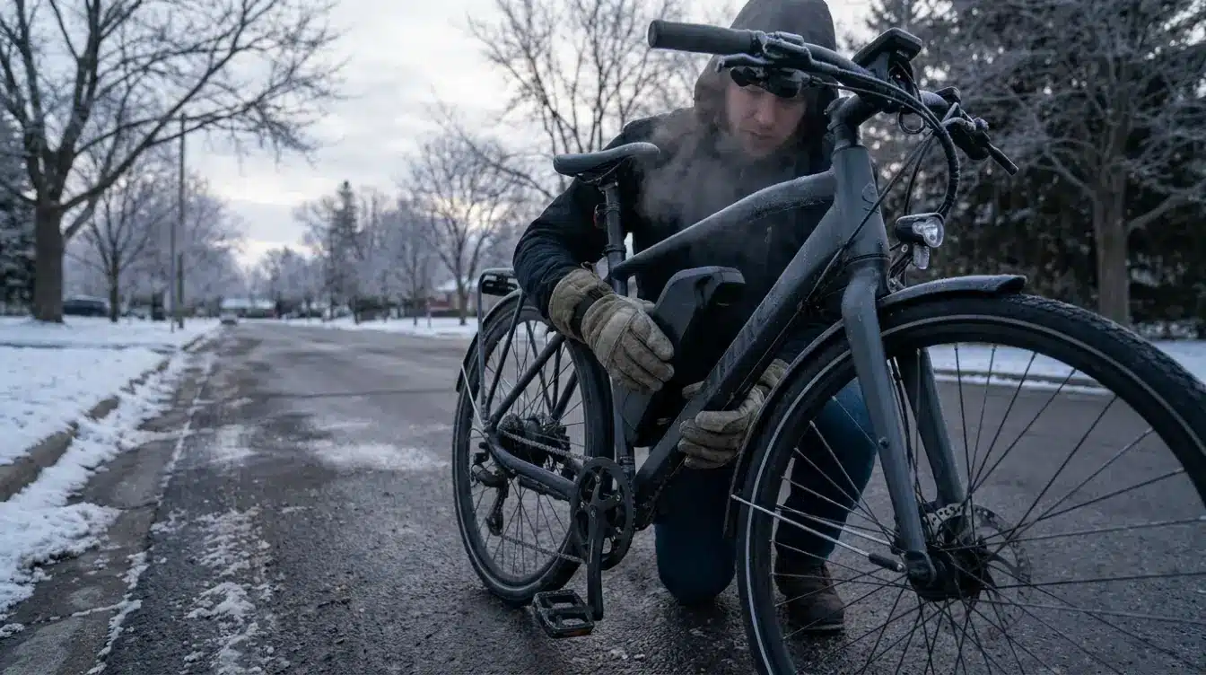 electric bike rider fitting a battery on a cold morning with frost visible on the frame and road